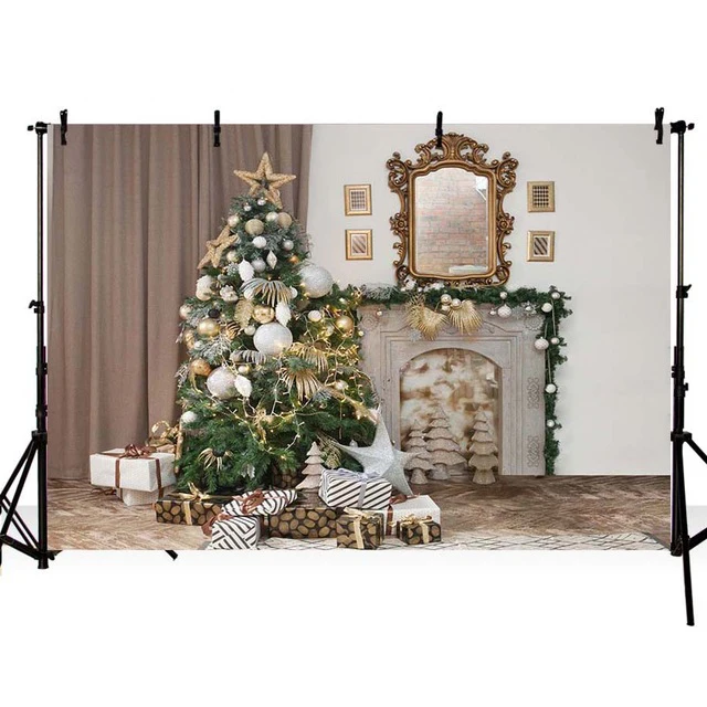 บ้าน Xmas Party ภาพพื้นหลังพิมพ์ผ้าม่านกระจกนำเสนอทองเงินลูกบอลตกแต่งคริสต์มาสเด็กทารกฉากหลัง
