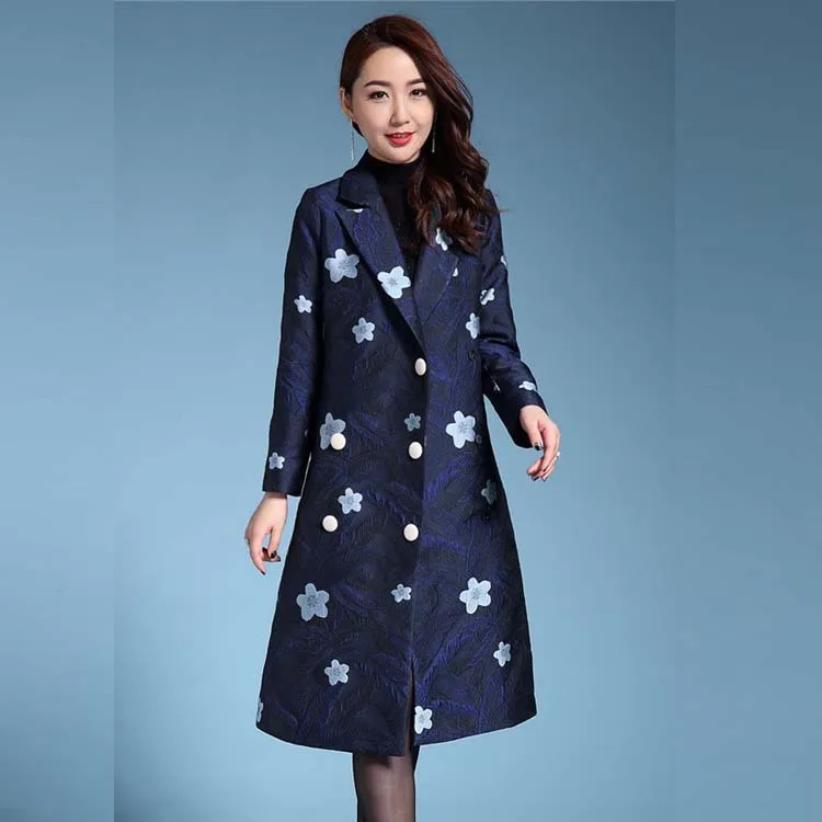 

Plus size S-5XL 2021 sprin Trench coat women V-Neck jacquard outerwear dobby women's trenches mother cloth Flower coat OUTERWEAR