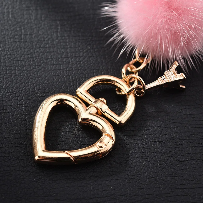 New Really water mink fur ball heart key chain fur Charm car key ring love plush pendant keychain party gift Jewelry K3003