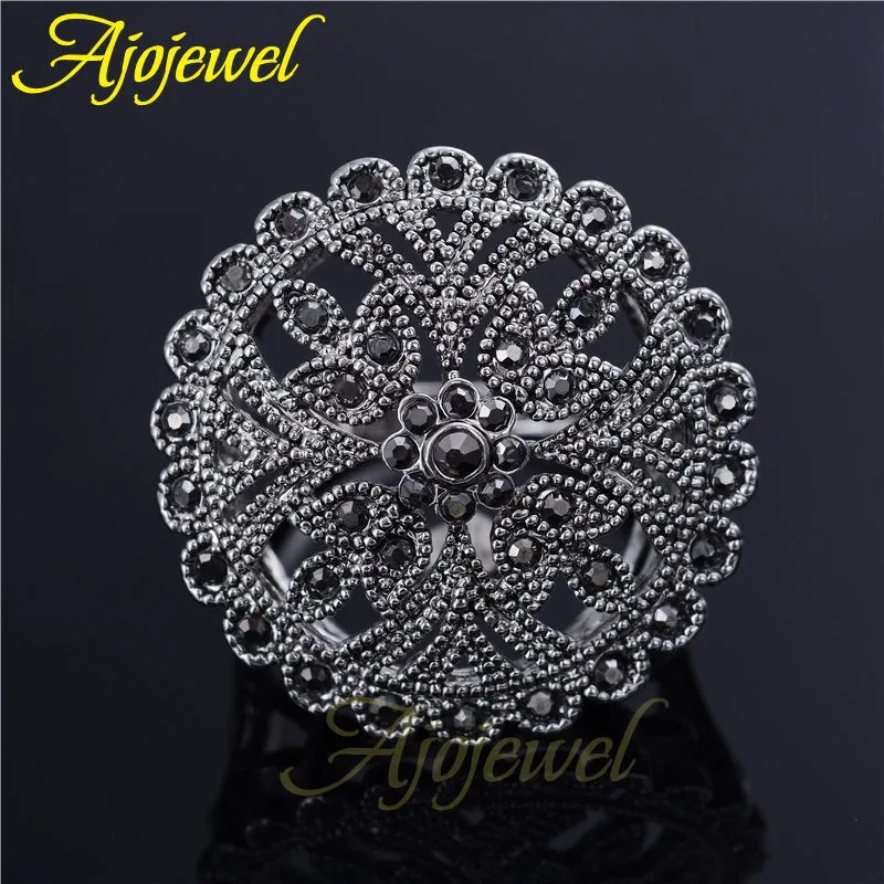 Ajojewel Hollow Out Round Flower Finger Rings For Women Original Antique Jewelry Black Rhinestone Vintage Lady Ring