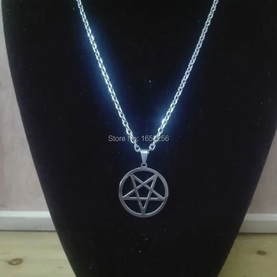 Flash Sale Men Pagan Wicca Inverted Star Pentagram Stainless Steel Pendant Necklace Chain 22\'\' 3mm