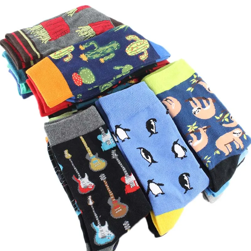 [WPLOIKJD]Hip Hop Flamingos Cactus Compression Crew Socks Men Casual Food Animals Antiskid Happy Funny Socks Homme Divertidos