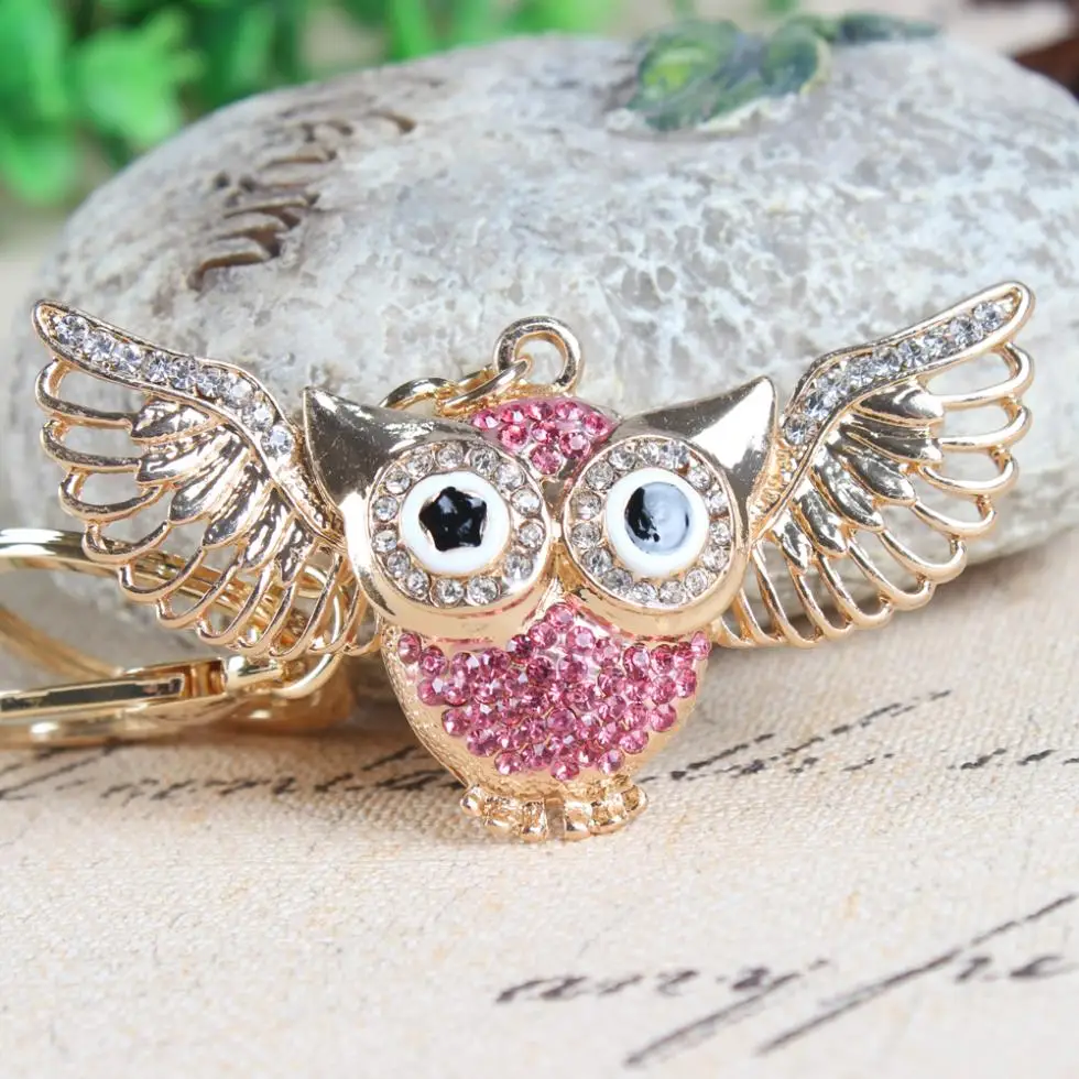 Flying Pink Owl Wing Crystal Rhinestone Charm Pendant Purse Bag Car Key Ring Chain Creative Wedding Party Christmas Gift