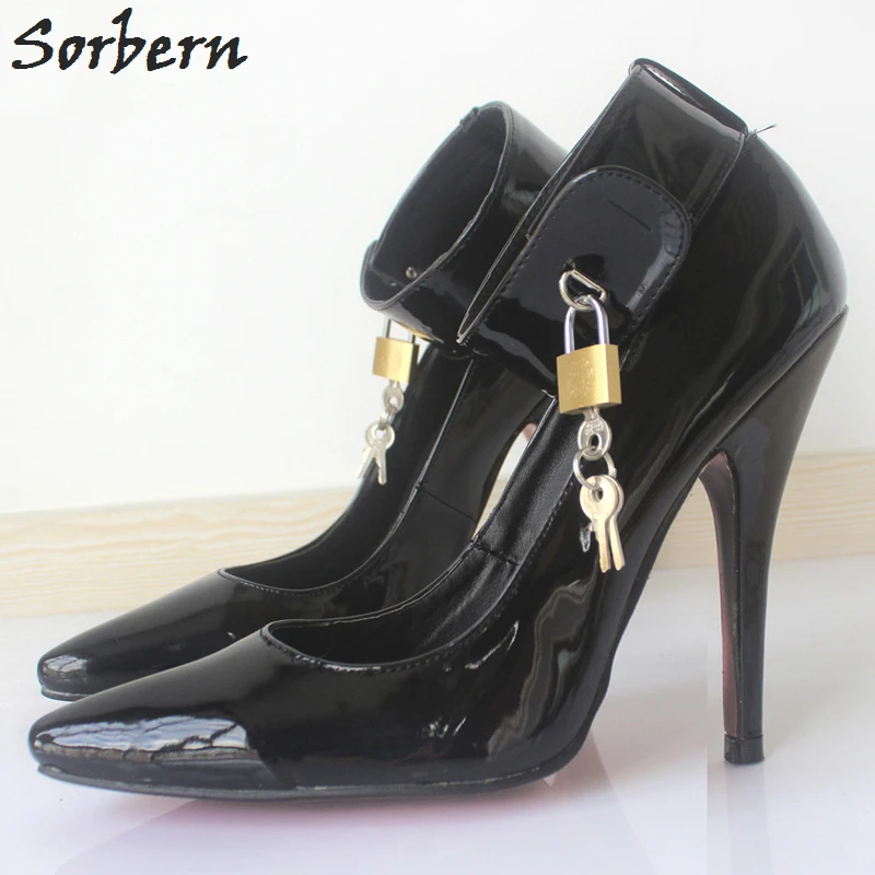 Sorbern Sexy Bdsm Women Pumps High Heels Ankle Straps Lock Keys Pole Dance Party Shoes Night Club Footwear Pump Heels Size 12