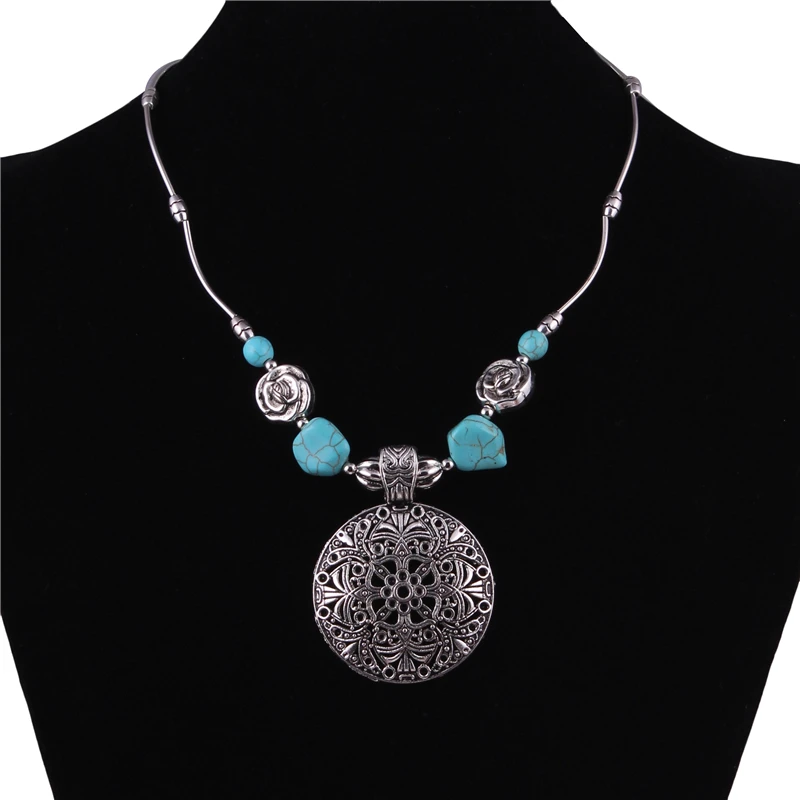 Bohemian Carved Tibetan Silver Color Stone Vintage Necklaces & Pendants Chain Jewelry Bijouterie For Women Girl\'s