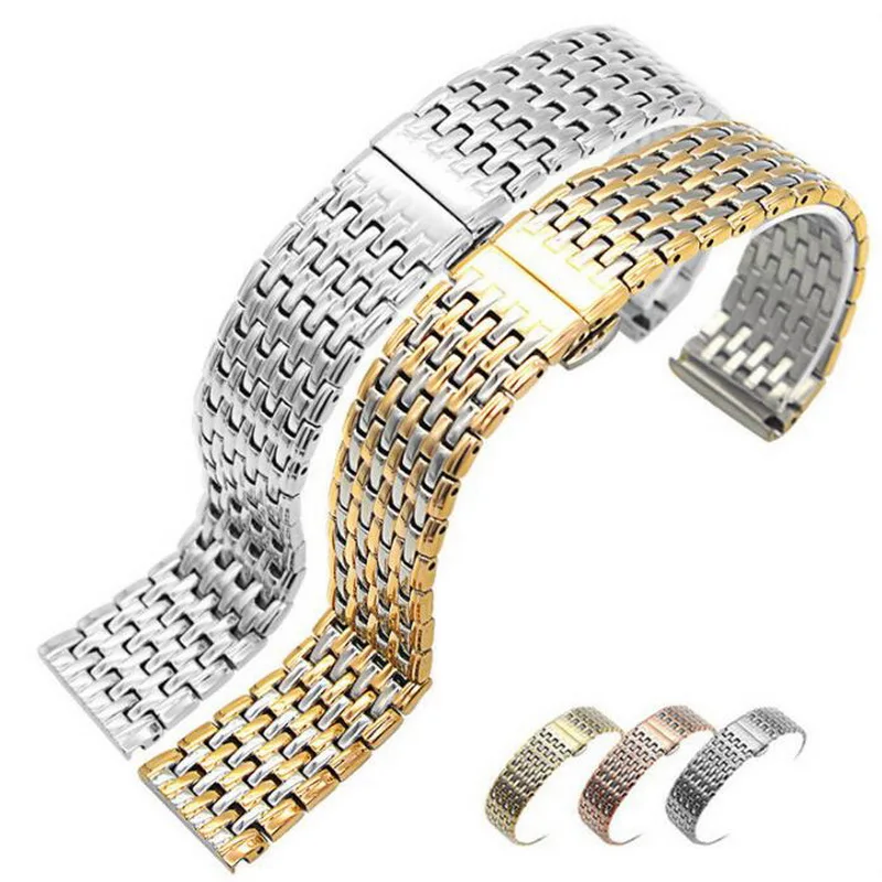 Correa de reloj de Metal de alta calidad para hombres y mujeres, pulsera de reloj de acero inoxidable de 13mm, 18mm, 20mm, 22mm, 24mm, plata, oro rosa