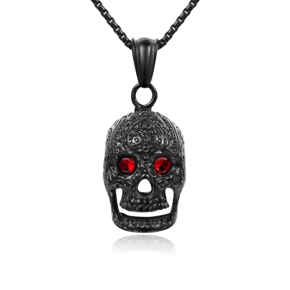 Hot Sale Titanium Steel Gold Black Color Skull Pendant Necklace with CZ Crystal Punk Rock Men\'s Jewelry Brother Gift