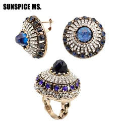 New Turkish Retro Vintage Ring Earring Sets For Women Antique Gold Color Natural Stone Full Crystal Bohemia Wedding Jewelry Sets