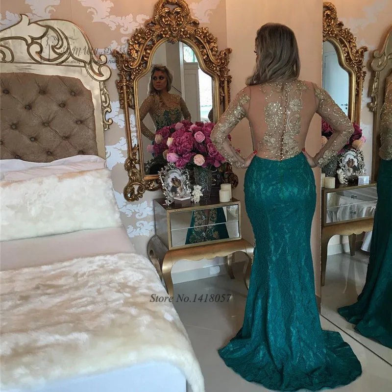 Vestido de noche Formal de encaje dorado y verde, traje Sexy de manga larga con cuentas de sirena para fiesta y ocasiones especiales