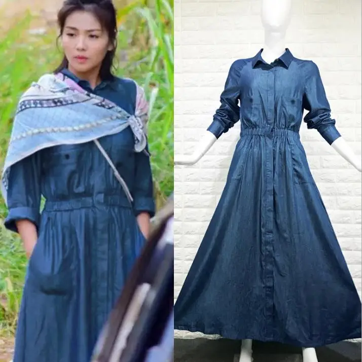 Fashion Spring 2022 Vintage Solid Women Dress Lapel High Waist Long Sleeeve Slim mid Length Denim Dress