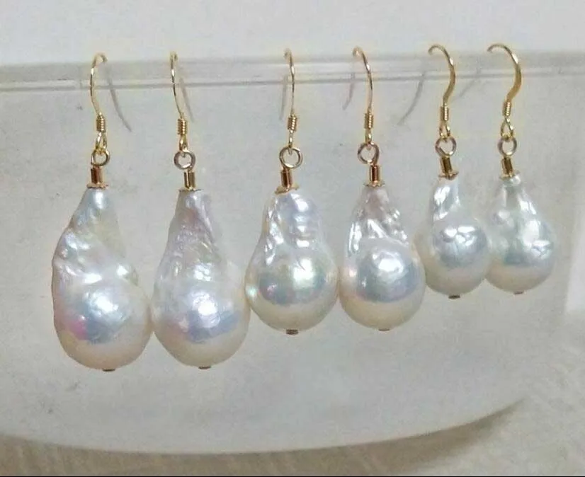 

free shipiing Huge AAA natural baroque white pearl earrings 14K/20