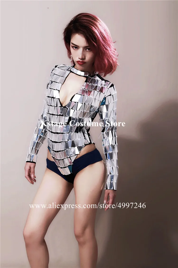 RE44 Singer stage wears mirror bodysuit dj sexy silver mirror outfit bar mirror bikini performance outfit women dress mirror bar