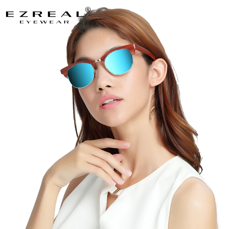 EZREAL Polarized Wood Sunglasses Layered Half Wooden Frame Square Style for Women Bamboo Sunglasses Men In Wood Box