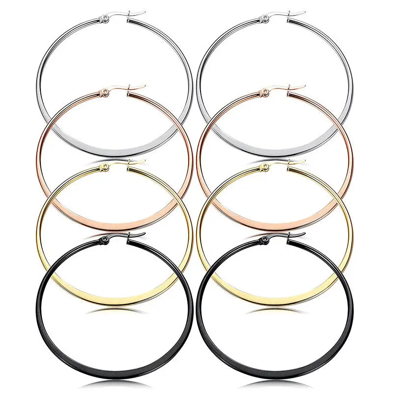 1 Pair Women Hypoallergenic Stainless Steel Rounded Smooth Big Large Hoop Earrings Jewelry Size 30-60mm