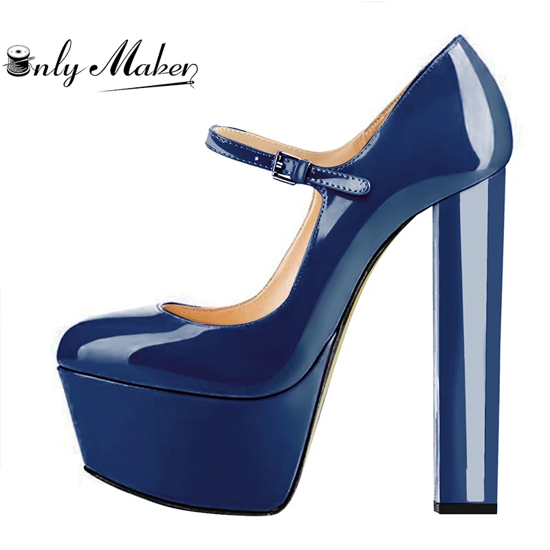 Onlymaker Women Platform Mary Janes Heeled Heels Wave Strap Ankle Strap Fashion Black Pumps