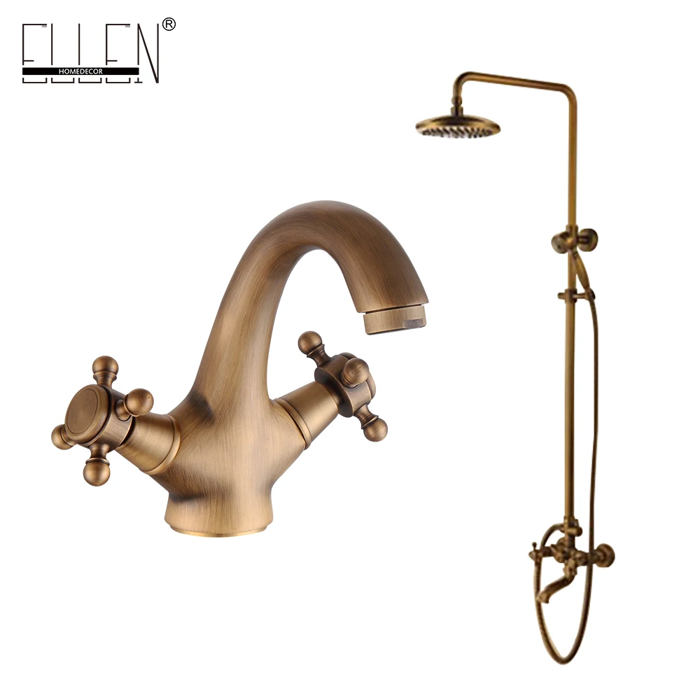 

Antique Brass Bathroom Rain Shower Set Rainfall Bath Shower Faucet Antique Bronze Finished with Bathroom Basin Faucet EL4006/2