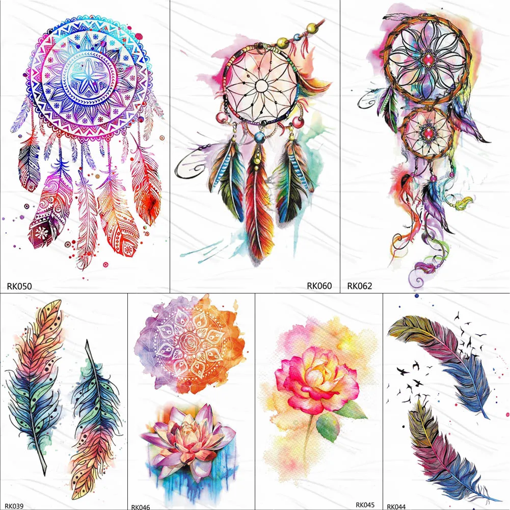 OMMGO Tribal Dream Catcher Feather Temporary Tattoos Sticker Colorful Henna Custom Tattoo Body Art Arm Waterproof Fake Tatoos