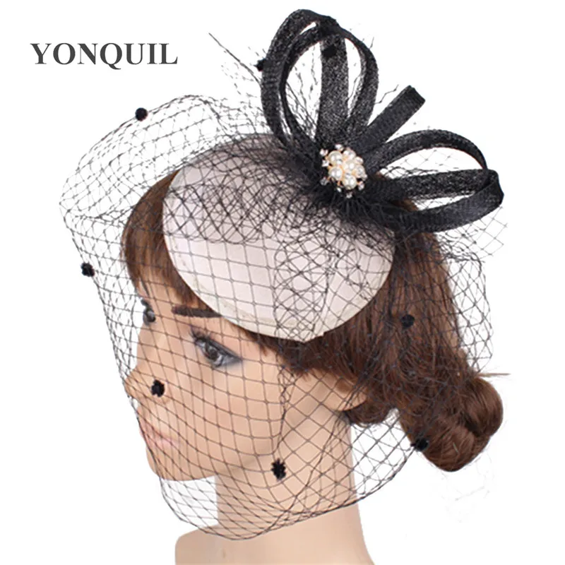 Elegant Sinamay Fascinator Satin Base with Sinamay Trim Birdcage Veils with Brooch Wedding Party Occassion Hats Bridal Headwear