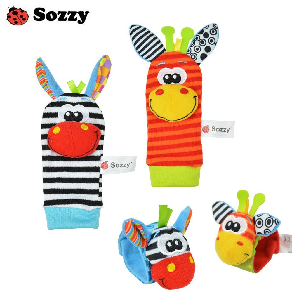 100pcs / 25 sets of newborn baby rattle toys Sozzy Garden Bug animal cute cartoon wrist rattle and plush socks wholesale