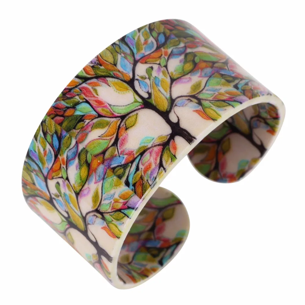Bonsny Acrylic Colorful Tree Pattern Wide Retro Bracelets Bangles Fashion Jewelry For Women 2017 New Spring Summer Accessories