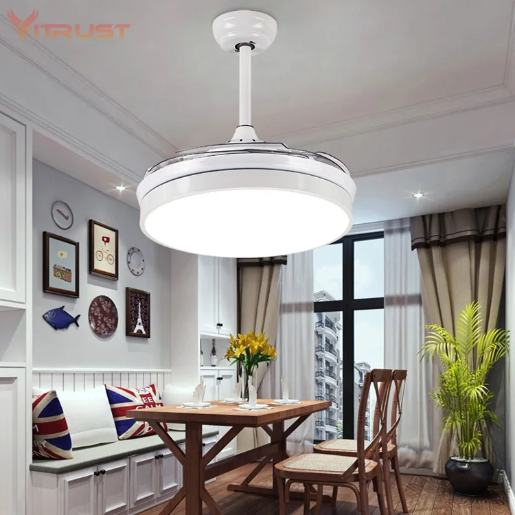 Dimmable Ceiling Fans with Lights and Modern Invisible Retractable LED Chandelier Fan Light 36/42 inches with Remote control.