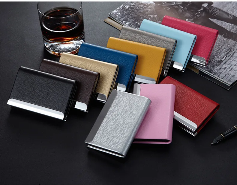 red black brown grey woman man business card holder, Pockets PU Leather name card case bonus