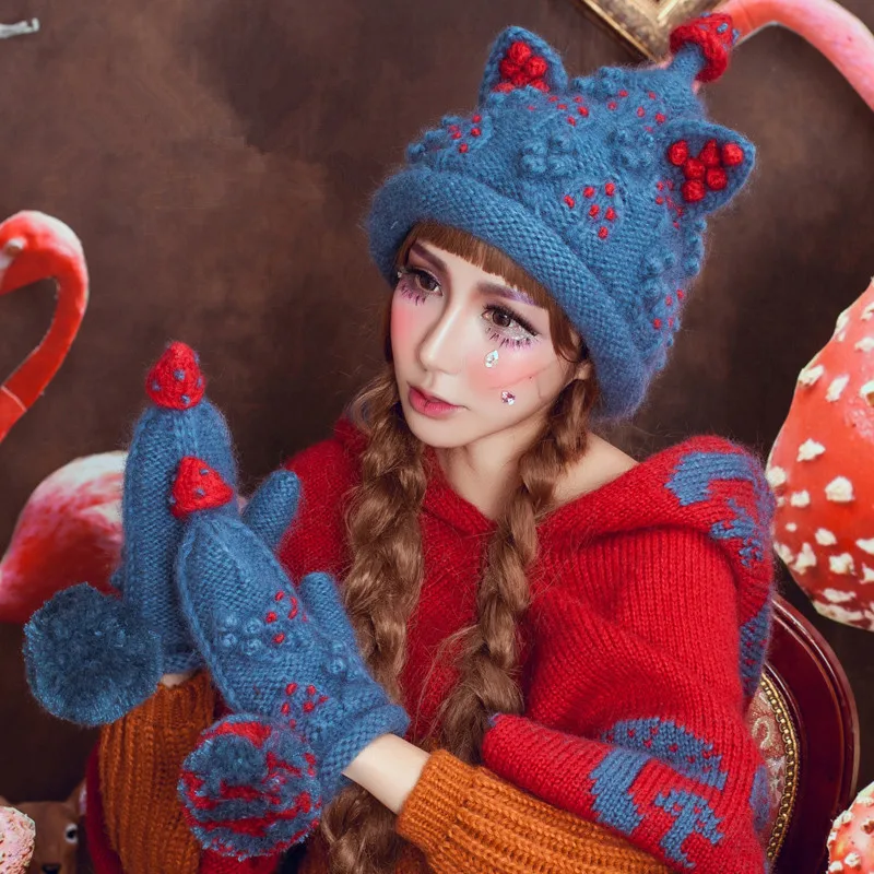 

BomHCS Christmas Tree Beanie & Gloves Cute Women Winter Warm 100% Handmade Knit Hat Caps Gift