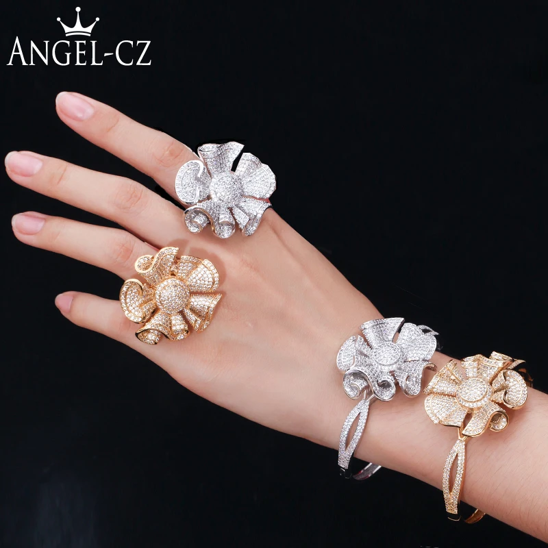 

ANGELCZ Exclusive Design Big Dubai Gold Color Floral Jewelry Sets for Women Cubic Zirocnia Engagement Party Rings Bangles AJ173