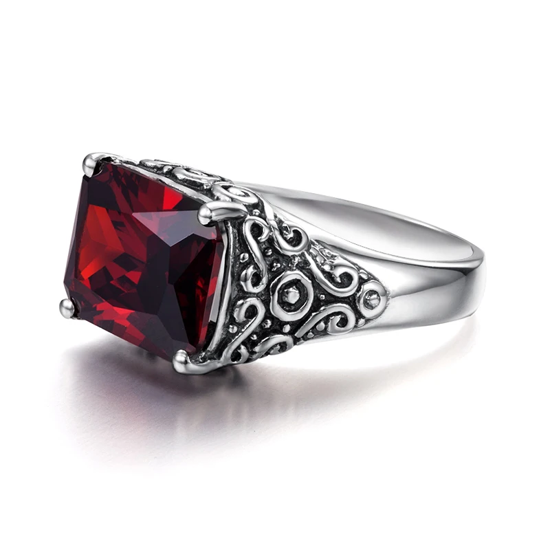 Real Pure 925 Sterling Silver Ring For Men Women Garnet Crystal Stone Ring Vintage Engraved Medieval Pattern Elements Jewelry