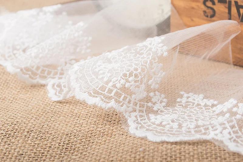 Lace Fabric with Flower Edge for Dress Sewing, Cotton Embroidery, Mesh Lace Trim, Off White Gauze, DIY, 11cm Width, 5Yds