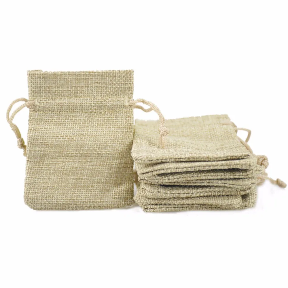 

7*9cm 50pcs/lot Mini Natural Color Sack Plain Faux Jute Drawstring Bag Small Ring Jewelry Wedding Gift Packaging Bag