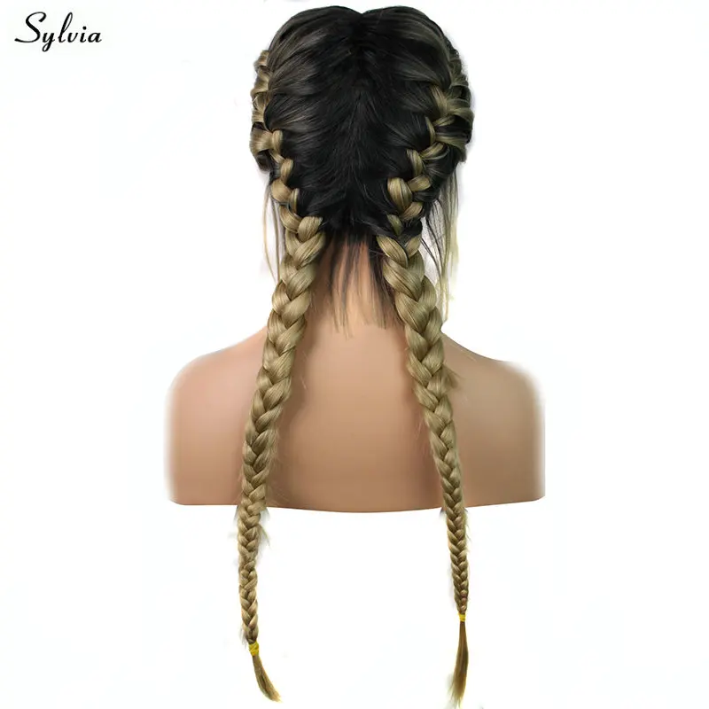 Sylvia Natural 2x Braided Wigs with Baby Hair Dark to Blonde Two Tone Color Heat Resistant Long Synthetic Hair Lace Front Wigs