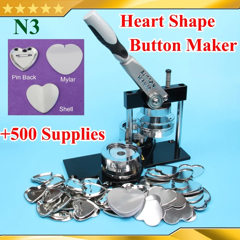 Free CP some N3 Heart Shape 57x52mm Badge Button Maker Machine with Interchangeable Die Mould +500 Sets Metal Pinback Supplies