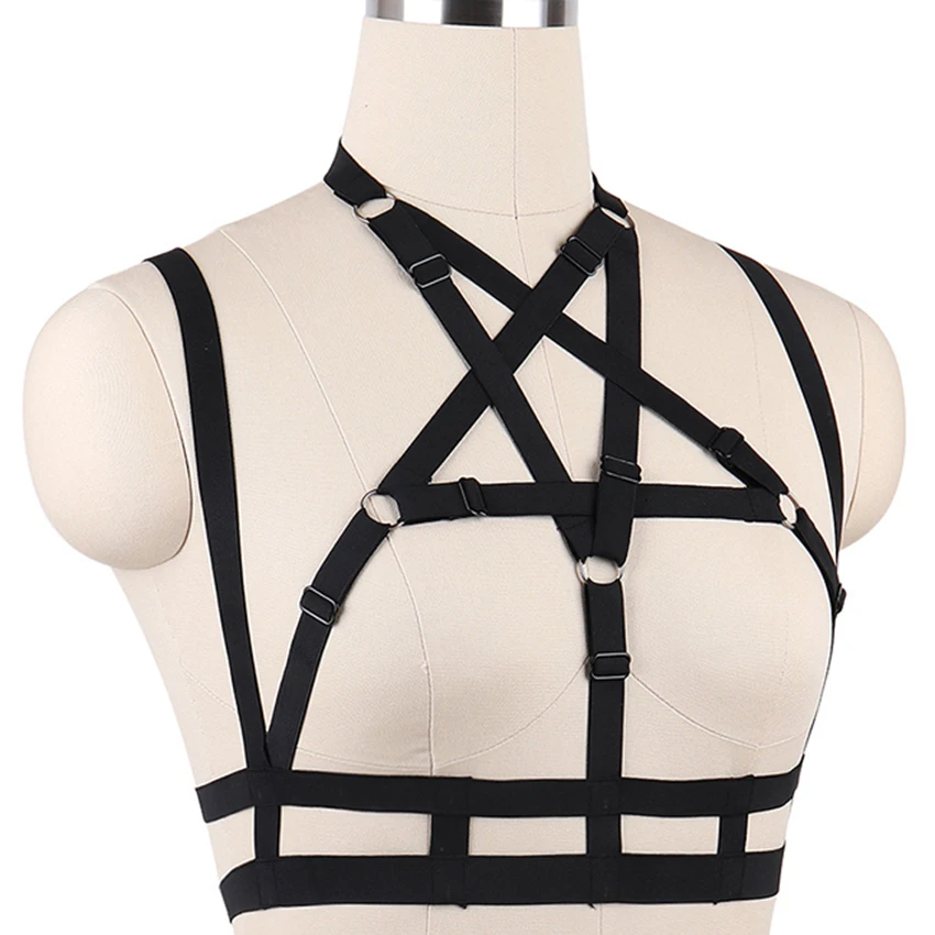 Pastel Goth Black Pentagram Cage Bra Sexy Lingerie Bondage Body Harness Belt Punk Open Chest Star Body Cage Woman Harness Bra