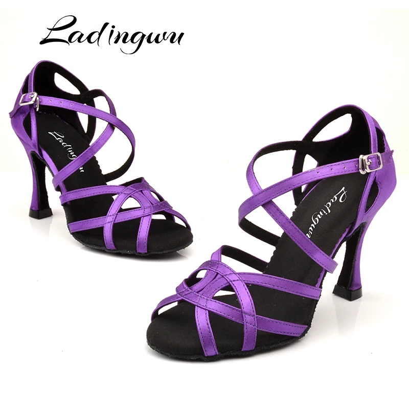 Ladingwu Dance Shoes Latin Women Purple Satin Salsa Dance Shoes unique design Soft Bottom Ballroom Dance Shoes Cuba Heel 9cm