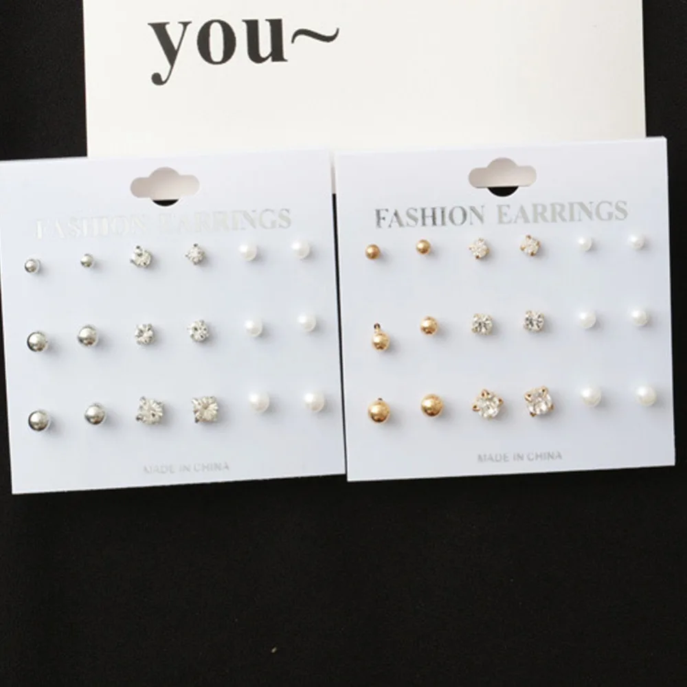 Simple 9 par/set de pendientes de perlas de imitación de diamantes de imitación, conjunto de pendientes de cristal para mujer y niña