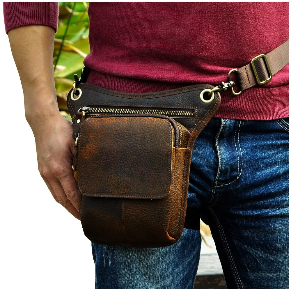 Hot Sale Top Quality Crazy Horse Real Leather men vintage Brown Small Belt Messenger Bag Waist Pack Drop Leg Bag 211-1