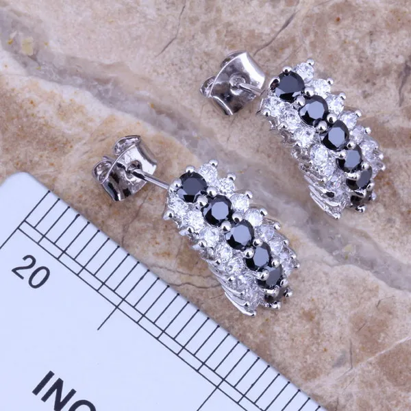 Fetching Black Cubic Zirconia White CZ Silver Plated Jewelry Sets Earrings Pendant Ring Size 5 / 6 / 7 / 8 / 9 / 10 / 11 S0157