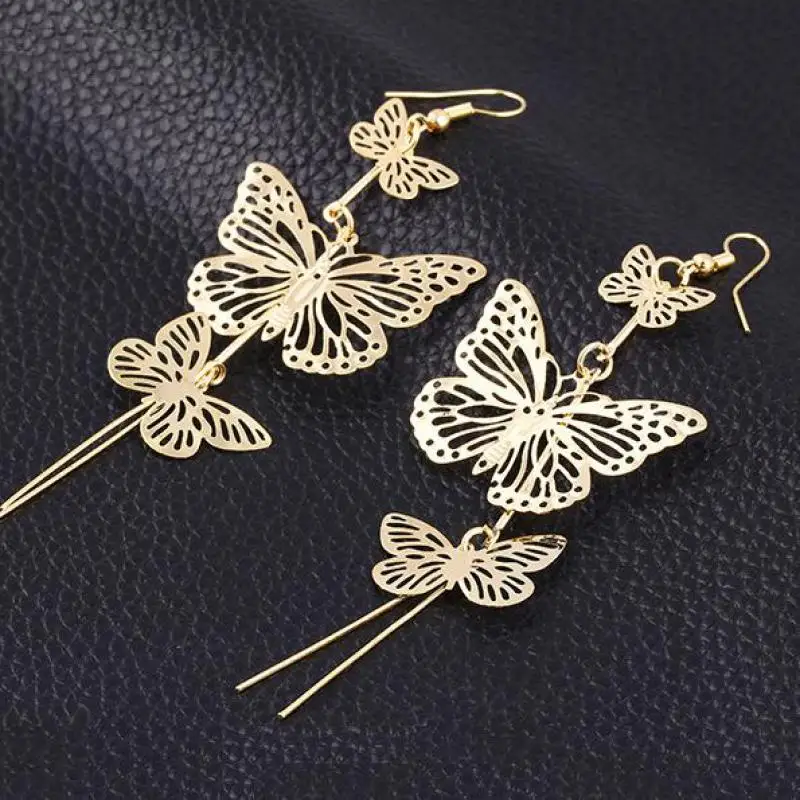 New Fashion Gold Silver Alloy Double Bow Hollow Flower Jewelry Butterfly Earrings Long Tassel Earrings  Brincos Compridos 2016