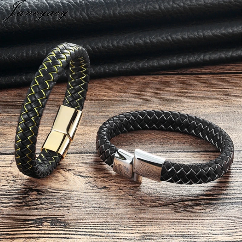 2018 Men's Jewelry Black Braided Genuine Leather Bracelet Stainless Steel Magnetic Buckle Women Bracelet Mens Puleseras 19/21cm