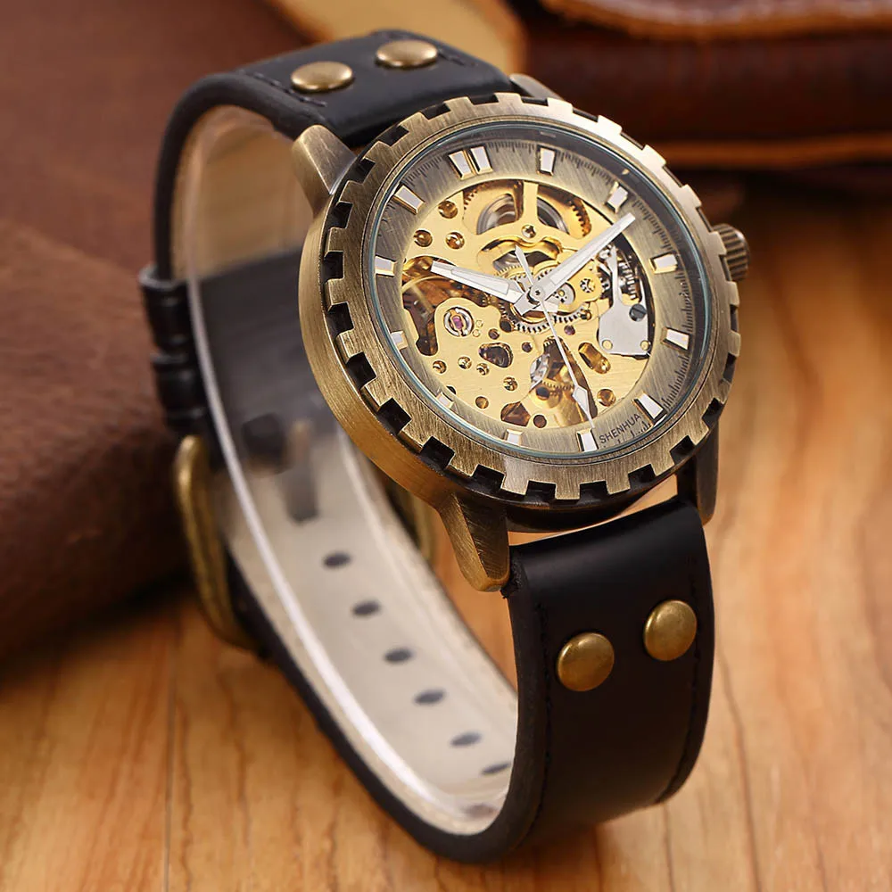 Brand Leather Band Men Male Military Clock Automatic Skeleton Mechanical Watch self wind Vintage luxury Steampunk Style Watch