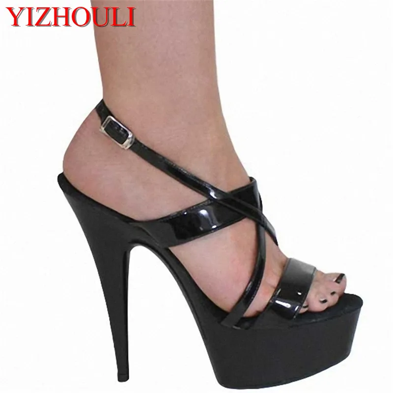 

Sexy stage star favorite fish mouth with sandals Black bride wedding shoe 15cm high heels