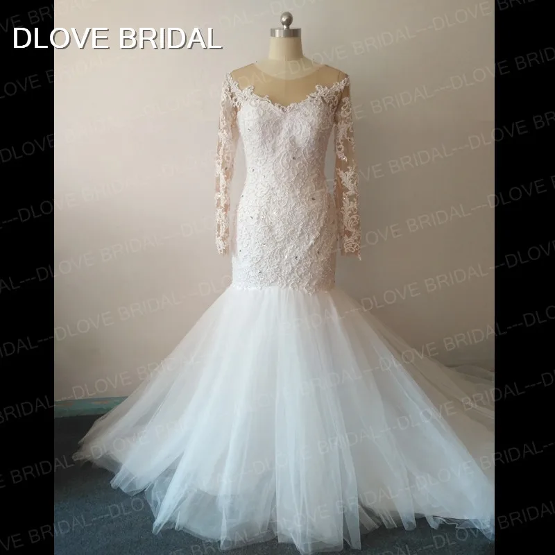 

New Arrival Luxury Major Pearl Beaded Mermaid Bridal Wedding Dress with Illusion Long Sleeve See Through Vestido De Noiva