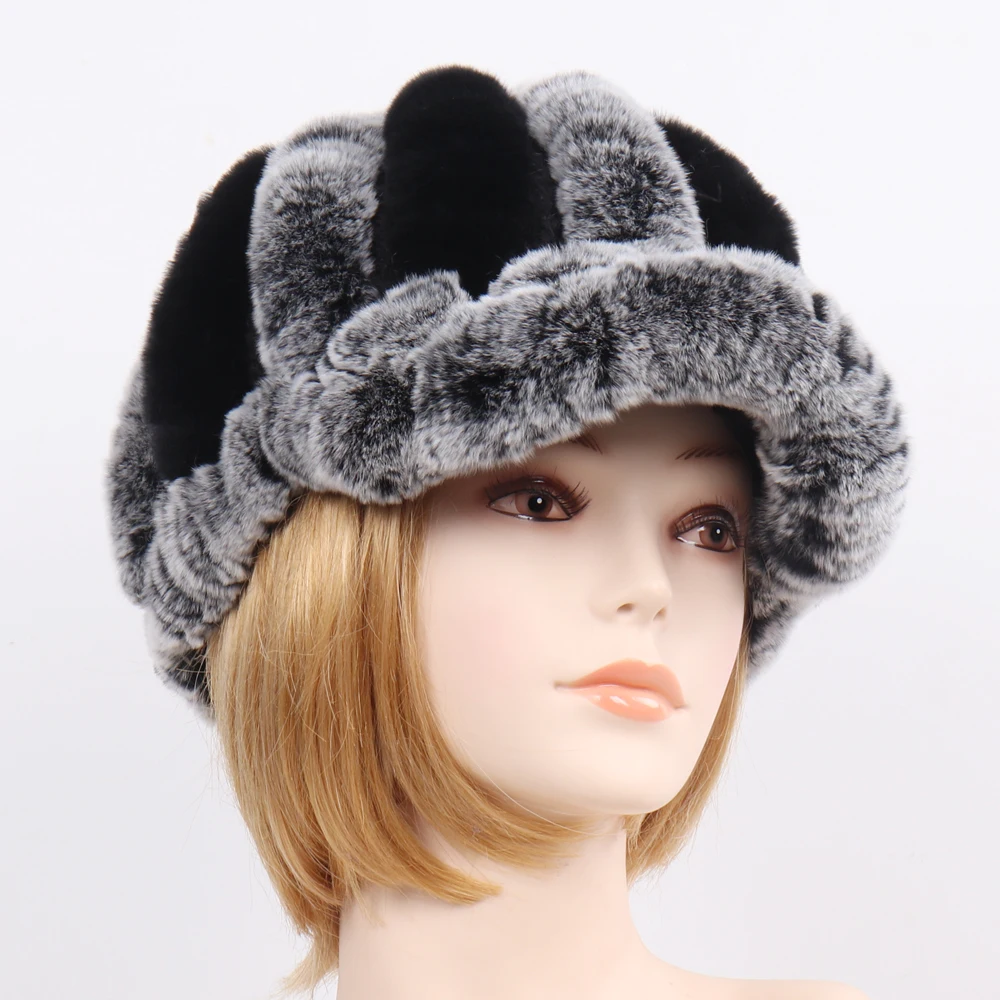 New Women Knit Real Rex Rabbit Fur Striped Hats Winter Warm Floral Genuine Fur Caps Lady Natural Fur Hat Wholesale Retail