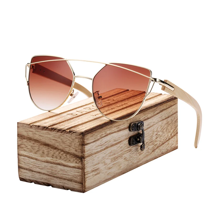 BARCUR Bambus-Katzenaugen-Sonnenbrille, polarisierter Metallrahmen, Holzbrille, Damen-Luxus-Mode-Sonnenschutz mit Box kostenlos