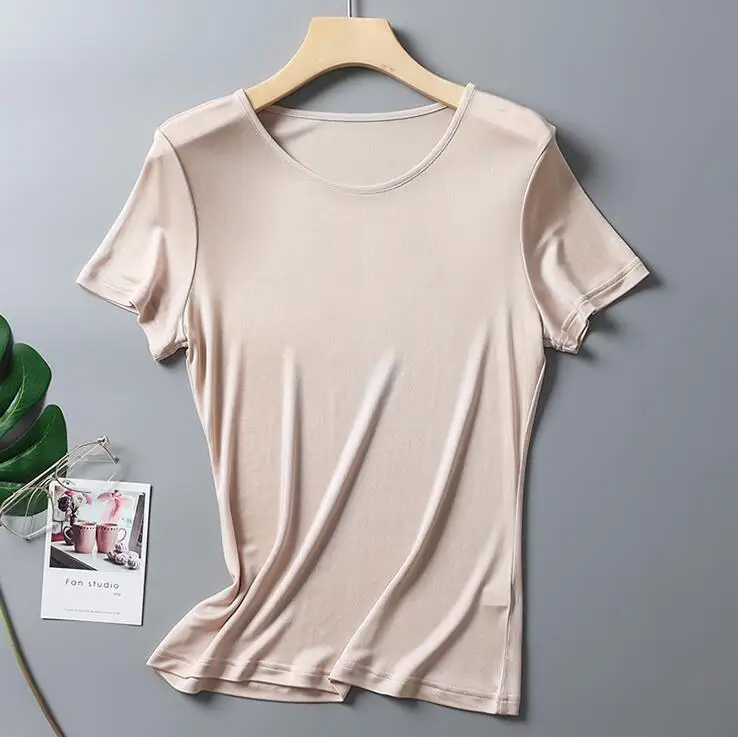 

Women's spring summer 100% Natural silk T-shirt female elastic casual breathable summer plus size silk basic shirt tops TB173