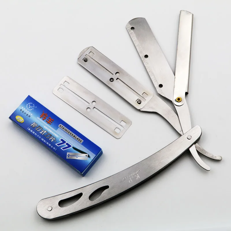 1set Men Straight Barber Edge Steel Razors Folding Shaving Knife Hair Removal Tools With 10pcs Blades 77-01