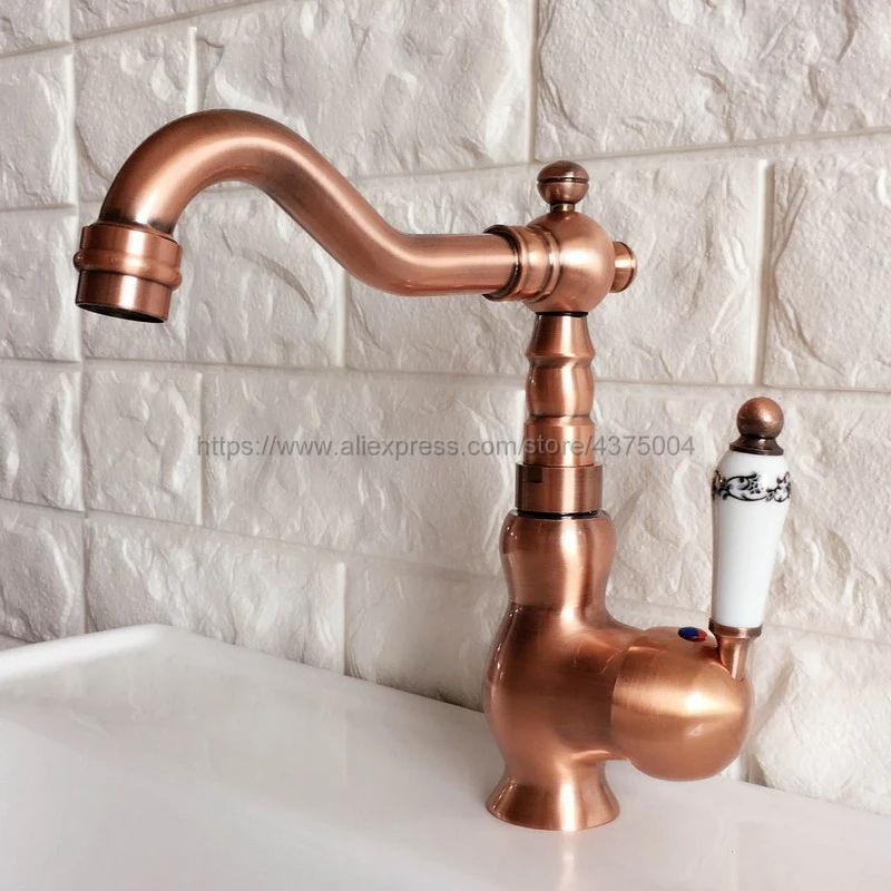 

Antique Red Copper Bathroom Sink Basin Faucet Single Ceramic Handle Single Hole Deck Mounted basin tap Nnf403