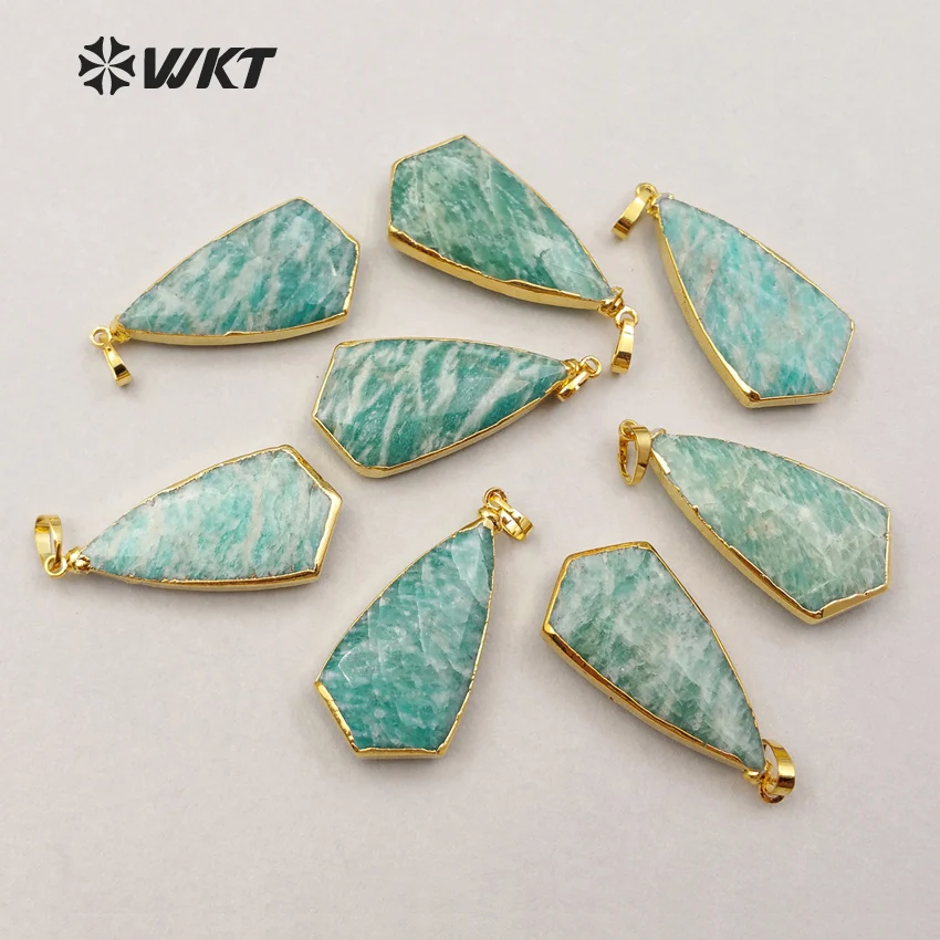 WT-P1186 Wholesale Custom Unique Fashion Jewelry Natural Amazonite Stone Pendants With Gold Trim Lovely Acc For Friends Gift