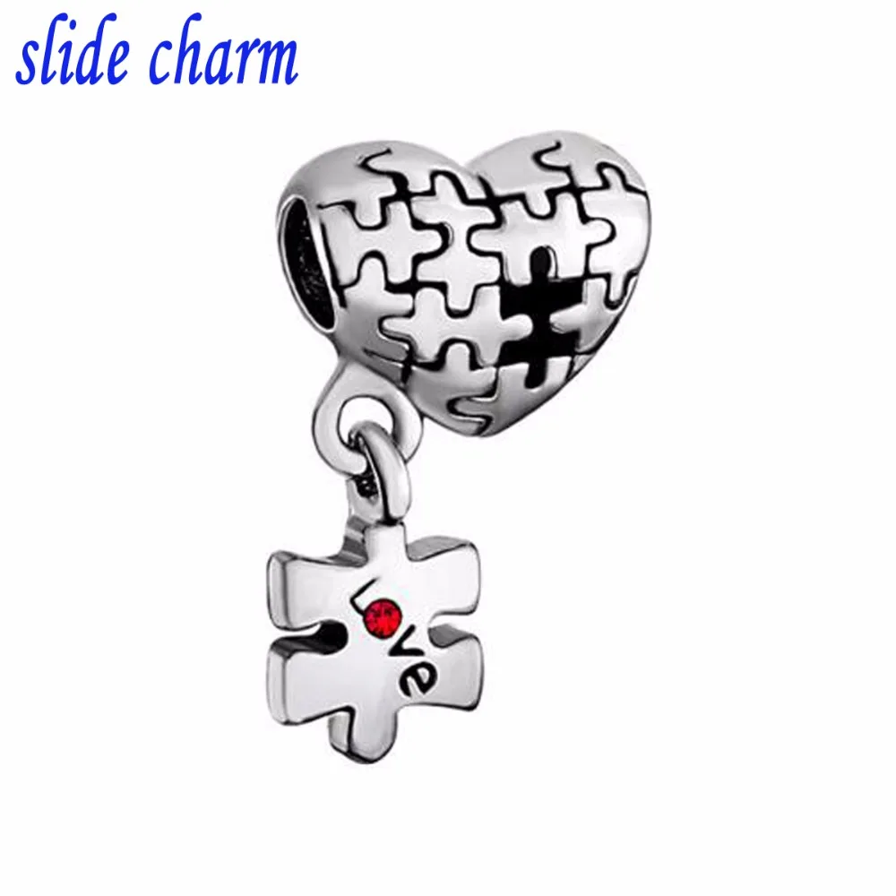 Slide Charm Free Shipping  Autism Awareness Heart Charm Bracelet Dangle Love Red Crystal Charm Beads 11 Fit Pandora Bracelet